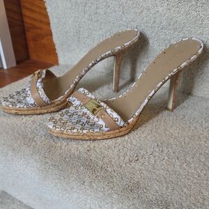 BCBG Slingback Beige and White Logo-Print High Heel Slide Sandals